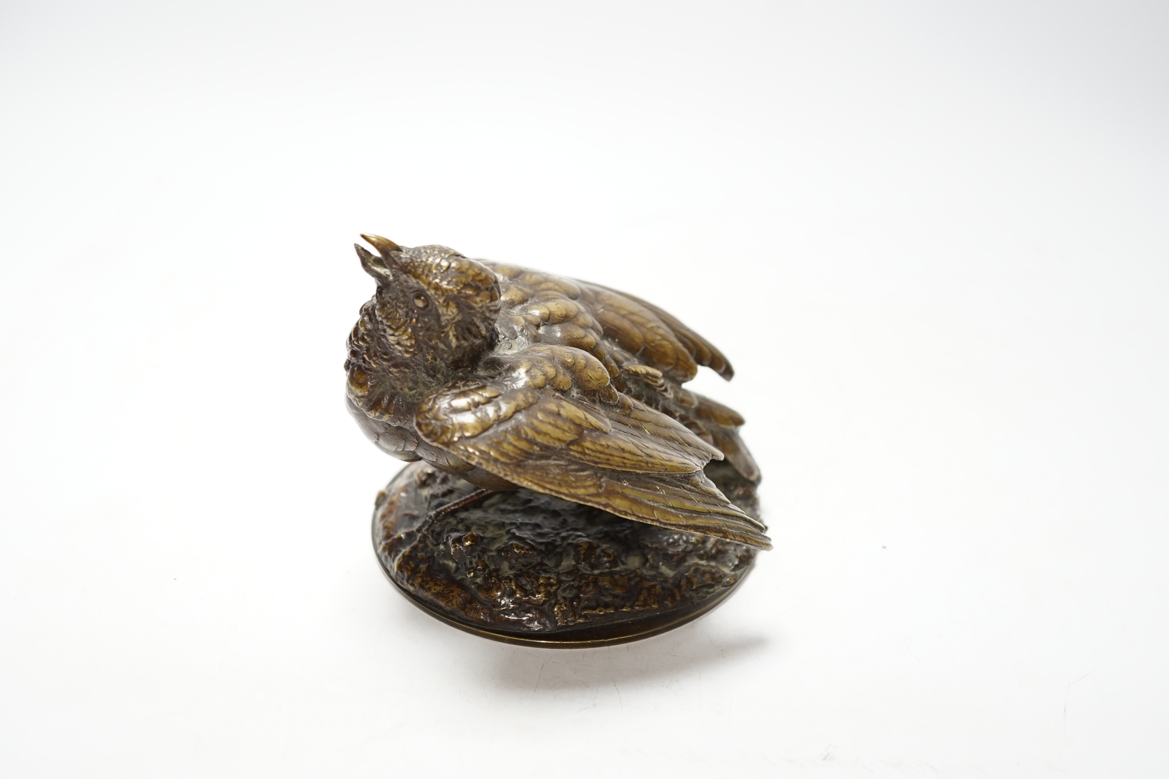 After Jules Moigniez (1835-1894), a bronze study of a bird, 13cm wide